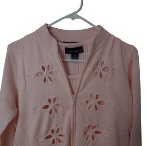 Susan Graver Pink 2pc Cardigan Sweater Knit Tank Top Set Small Flower Cutouts